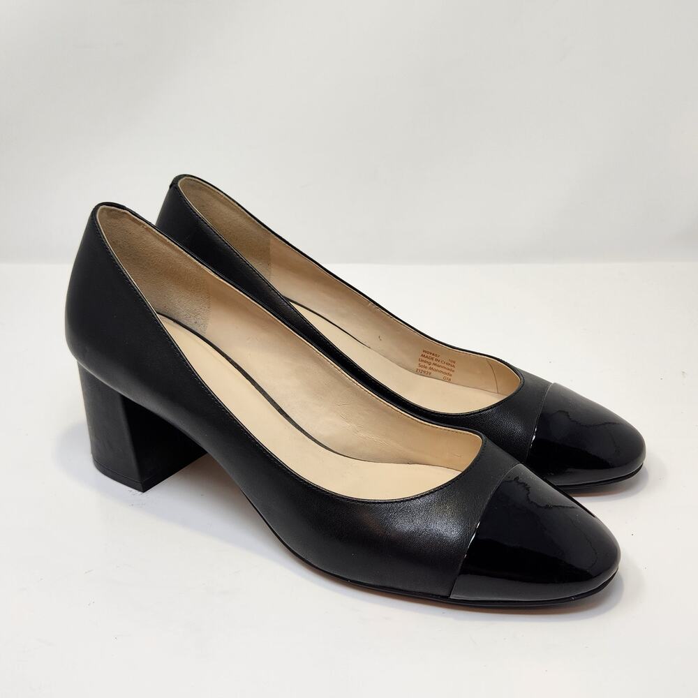 Classic Black Block Heel Pumps - Leather Cap Toe